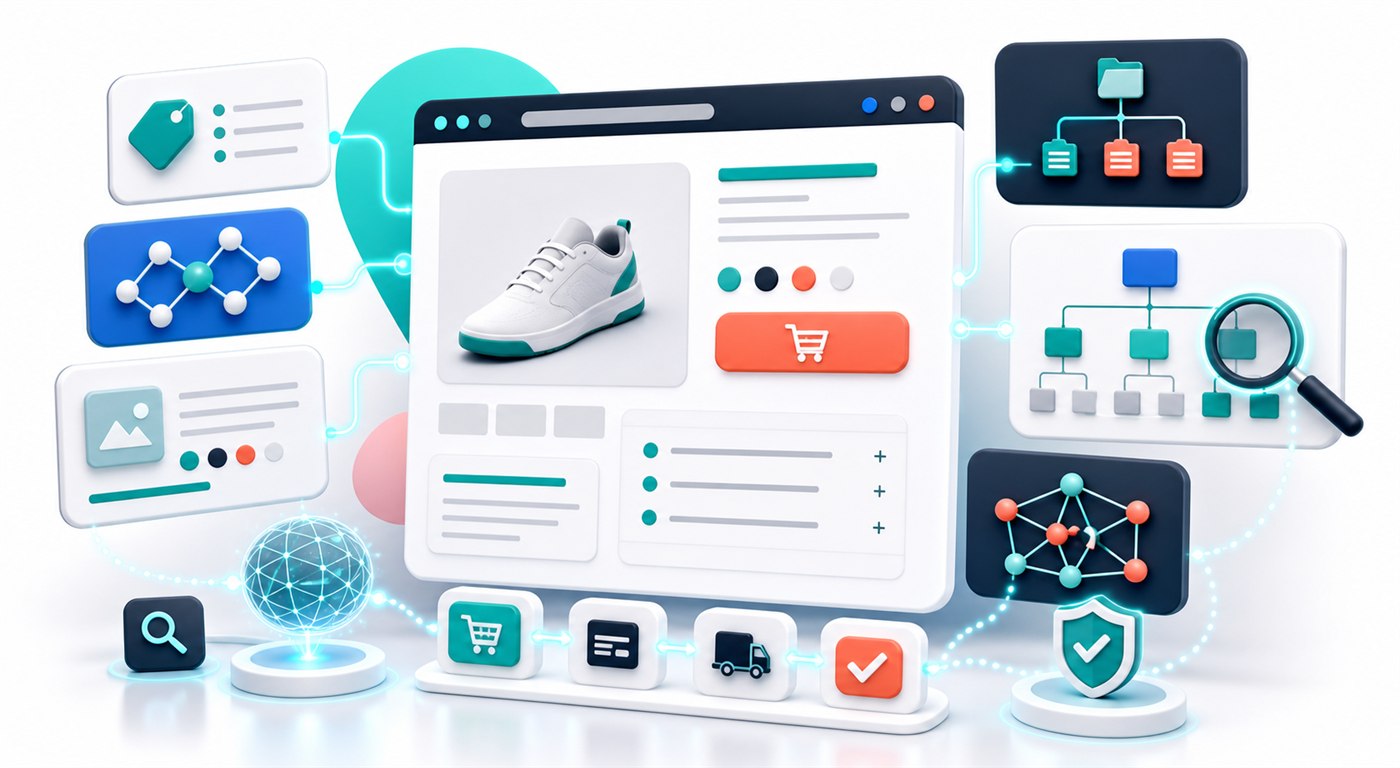 Product page optimization engine showing product cards, schema blocks, sitemap paths, and checkout flow